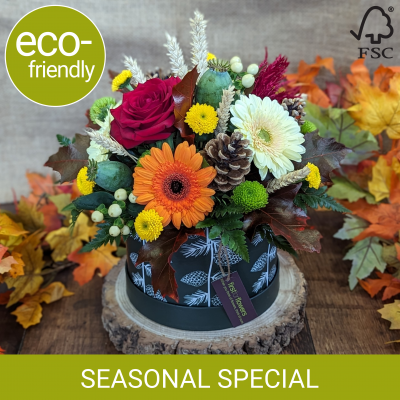 Autumnal Hat Box, Eco-Friendly fresh flowers, local florist Darlington - Celebrate the beauty of autumn with our eco-friendly hat box arrangement, made with the freshest, seasonal blooms. Choose from 3 sizes and get same-day delivery or Click & Collect.