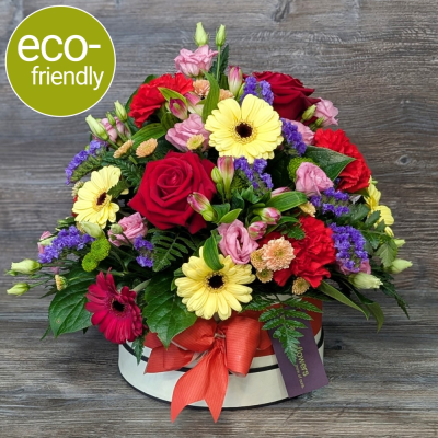 Vibrant Hat Box Flowers | Florist Choice | Darlington Delivery - Vibrant hat box flowers, Florist Choice, hand-made in Cockerton. Eco-friendly, reusable hat box. Same-day delivery. Order today! First for Flowers