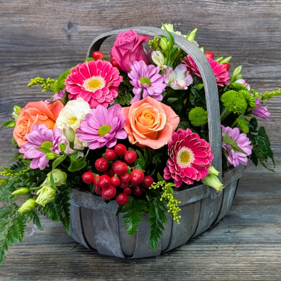 Bonny Basket Arrangement: Local Florist, Any Occasion, Darlington - Order a unique, bright, and bonny basket arrangement filled with the freshest blooms, direct from our florist in Cockerton. Same day delivery or Click & Collect available.