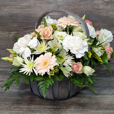 Neutral Trug Basket Arrangement: Florist Choice, Darlington delivery - Order a unique, neutral trug basket arrangement filled with the freshest blooms, direct from our florist in Cockerton. Same day delivery or Click & Collect available.