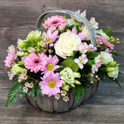 Pastel Trug Basket Arrangement: Florist Choice, Darlington delivery - Order a unique, pastel trug basket arrangement filled with the freshest blooms, direct from our florist in Cockerton. Same day delivery or Click & Collect available.