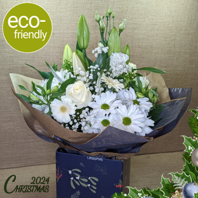 White Christmas: Enchanting winter blooms, magical snow-kissed bouquet - Unwrap a winter wonderland with our White Christmas bouquet, a captivating collection of winter blooms beautifully hand-tied. Order today for same-day delivery or Click & Collect.