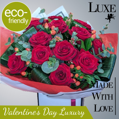 Luxe Cupid: Eco-Elegant Roses for Valentine's Day. Darlington florist - Luxe Cupid: Hand-tied luxury red roses in eco-fancy packaging. Wow your Valentine with sustainable luxury! Delivery Feb 10-15. Local florist Delivery or Collection in Darlington