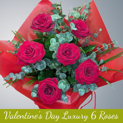 6 Luxurious Valentine’s Red Rose bouquet, Instant Romance Hero! - Luxurious Red Roses, grab 6 stunning red Naomi roses! Velvety, handmade, & ready to wow your Valentine. Limited Valentine's delivery! Local florist in Darlington, Click & Collect