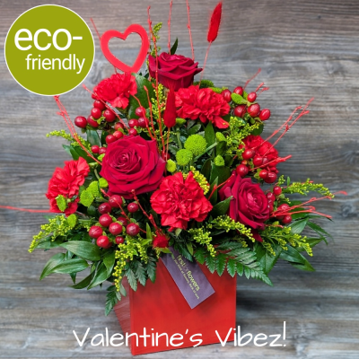 Unique Valentine's Flowers | Valentine's Vibez | First for Flowers - Ditch the ordinary! Our Valentine's Vibez arrangement features 3 red roses, vibrant seasonal blooms, and trendy dried flowers in a stylish box. The perfect Valentine's gift.