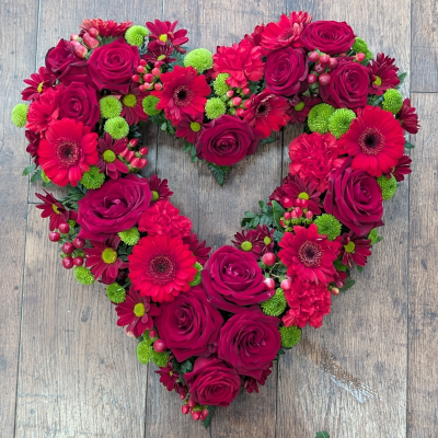 Funeral Open Heart | Vibrant Sympathy Flowers | First for Flowers - Beautiful red open heart funeral tribute. Customisable colours. Order online for delivery or call for assistance | First for Flowers | Local Florist in Darlington