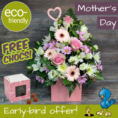 Mother's Day Pastel Flowers & Truffles | Darlington Florist - Darlington Mother's Day Special! Pretty pastel boxed flowers with free truffles. Unique, eco-friendly design. Order early for delivery or Click & Collect! First for Flowers