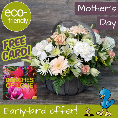 Mother's Day Trug Flowers & Card | Cockerton Florist - Cockerton Mother's Day Special! Pastel trug basket flowers & card. Eco-friendly, all-round design. Order early for delivery or Click & Collect! First for Flowers