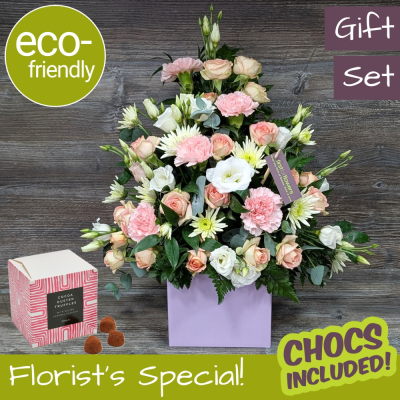 Pastel Flowers & Truffles Gift | Cockerton Florist Exclusive - Online Exclusive: Pastel flower gift set with truffles! Hand-made in Cockerton, eco-friendly & unique. Order today for delivery or Click & Collect. First for Flowers, Darlington