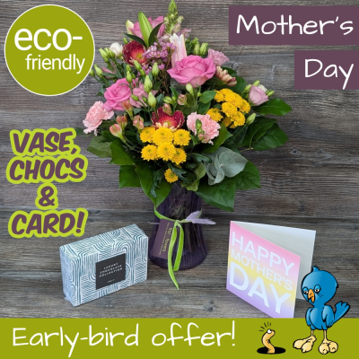 Vibrant Mother's Day Flowers, Chocolates & Card | Cockerton Florist - Vibrant Mother's Day vase with chocolates & card! Online exclusive, hand-made in Cockerton. Eco-friendly, all-round blooms. Order today! First for Flowers, Darlington