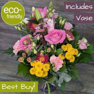 Vibrant Vase Flowers | Florist Choice | Darlington Delivery - Vibrant vase with bold blooms. Florist Choice, hand-made in Cockerton. Eco-friendly, reusable vase. Same-day delivery available. Order now! First for Flowers